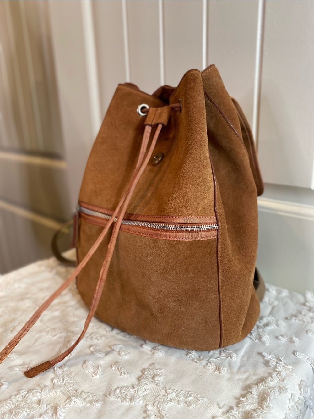 Vintage Urban Outfitters Suede Drawstring Backpack in Brown